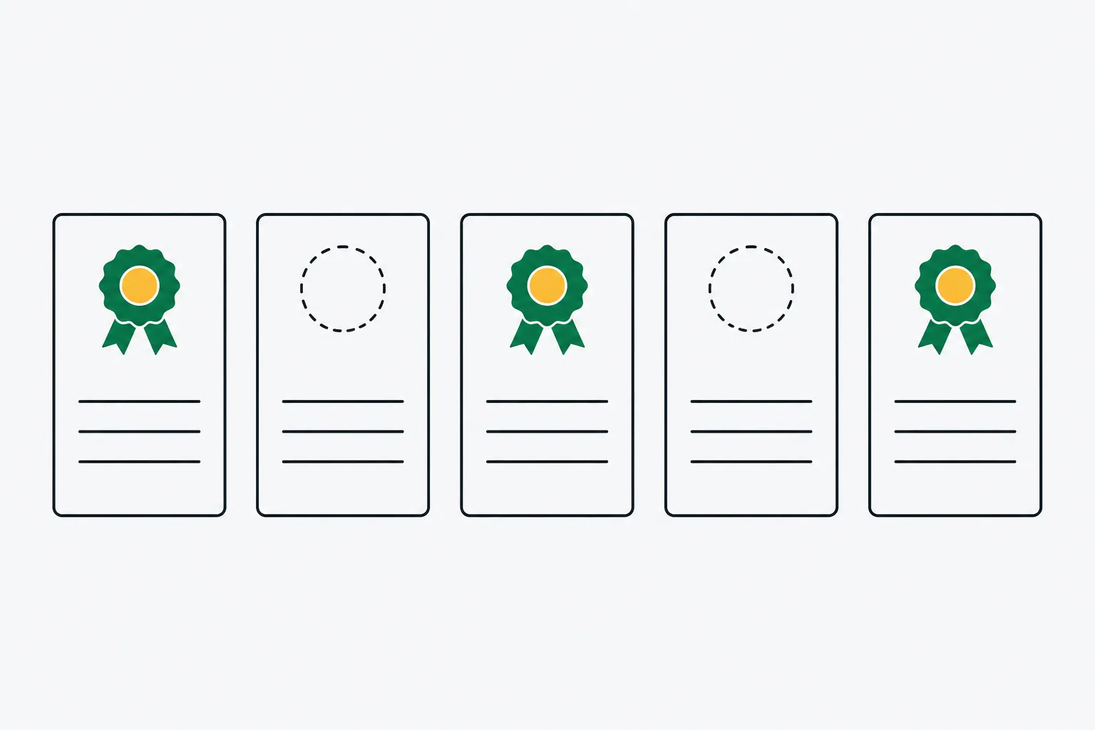 An illustration of five operator cards in a row, three carrying a licence seal and two showing an empty outline where the seal should be