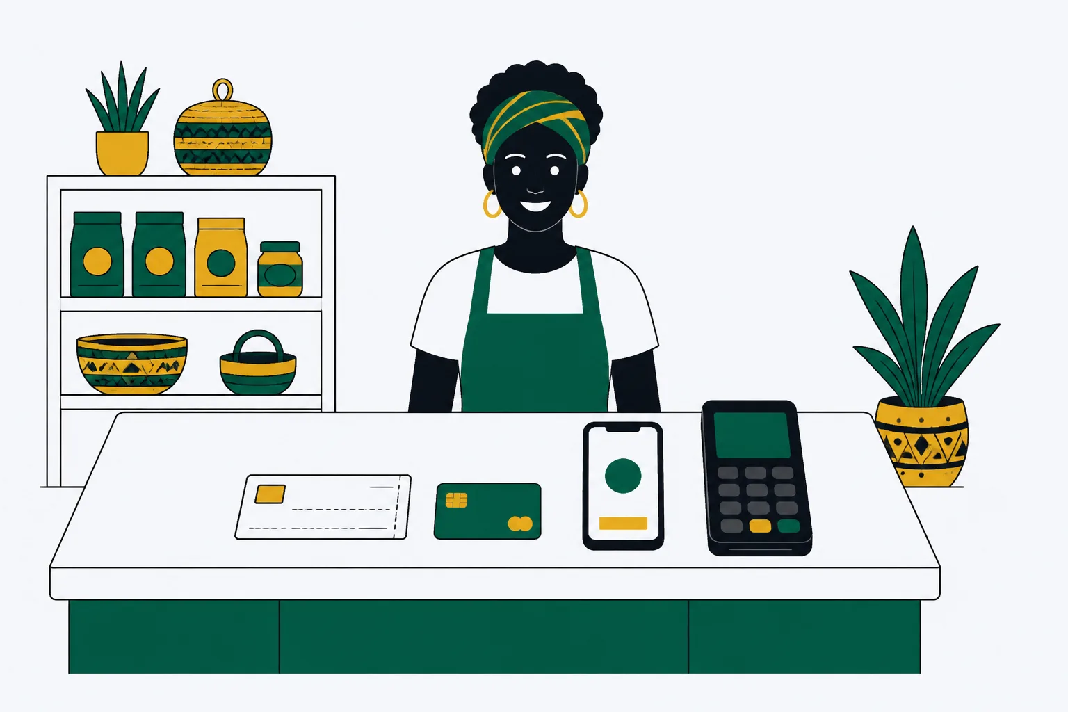 An illustration of a voucher slip passing between two hands across a South African shop counter beside a card machine
