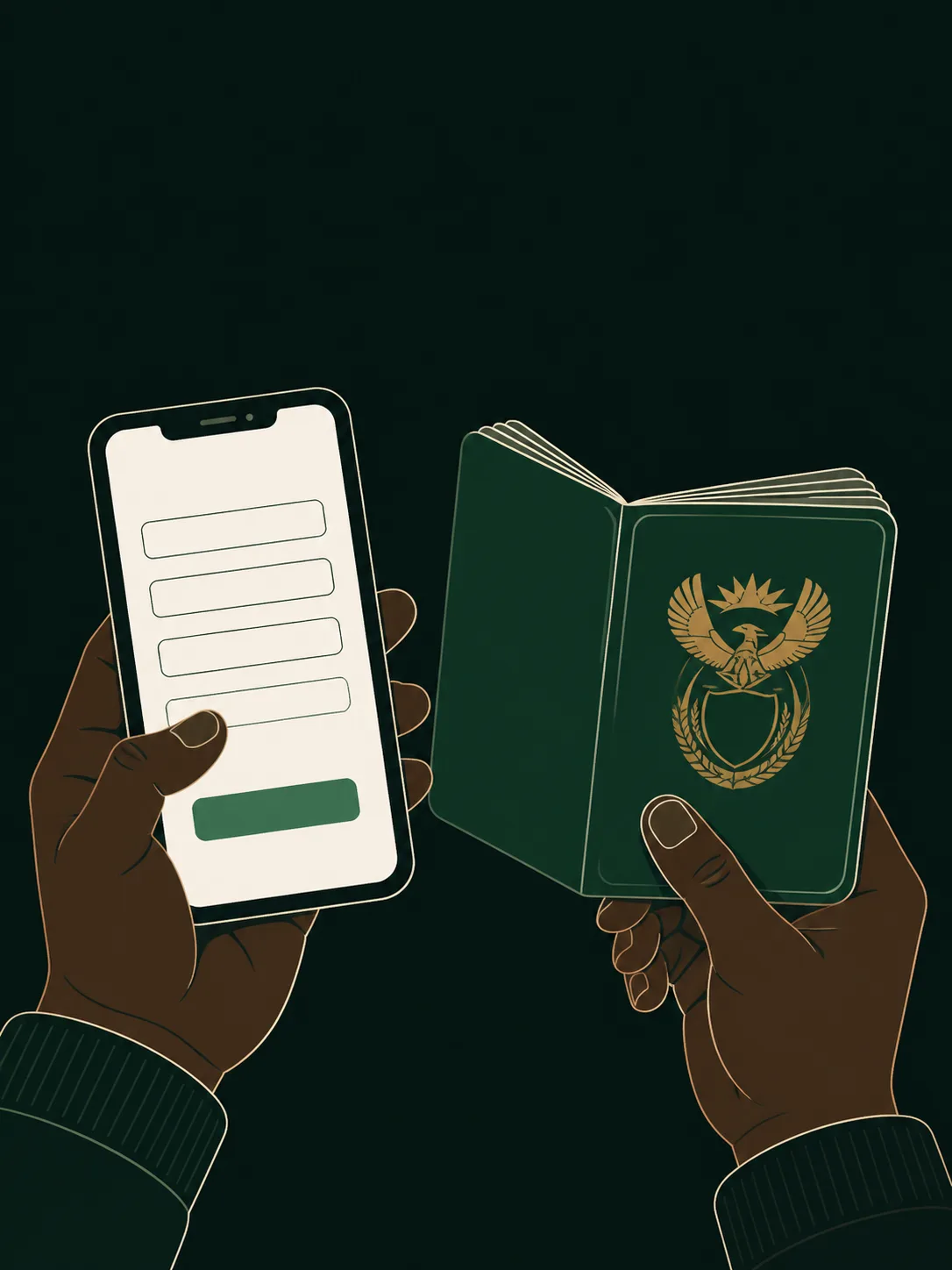 An illustration of two hands, one holding a phone that shows a bookmaker sign-up form, the other holding an open green South African ID book