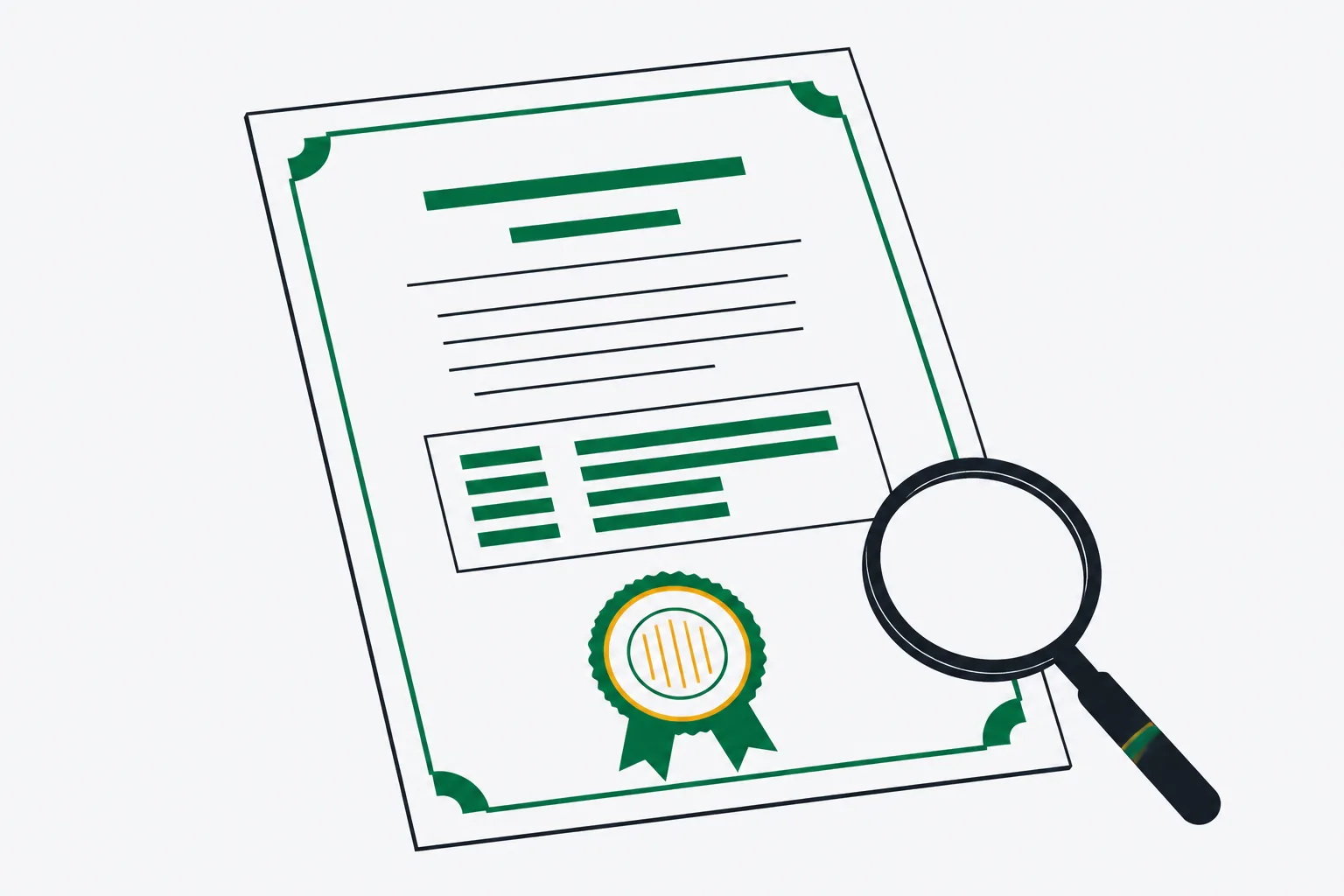 An illustration of an operator licence certificate with an embossed seal and a reference block, under a magnifier