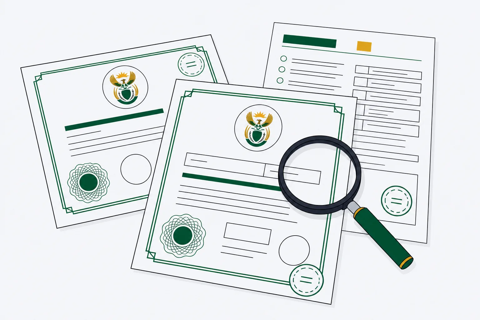 An illustration of two South African licence certificates and a terms page overlapping on a desk, each stamped with the date it was read, under a magnifier