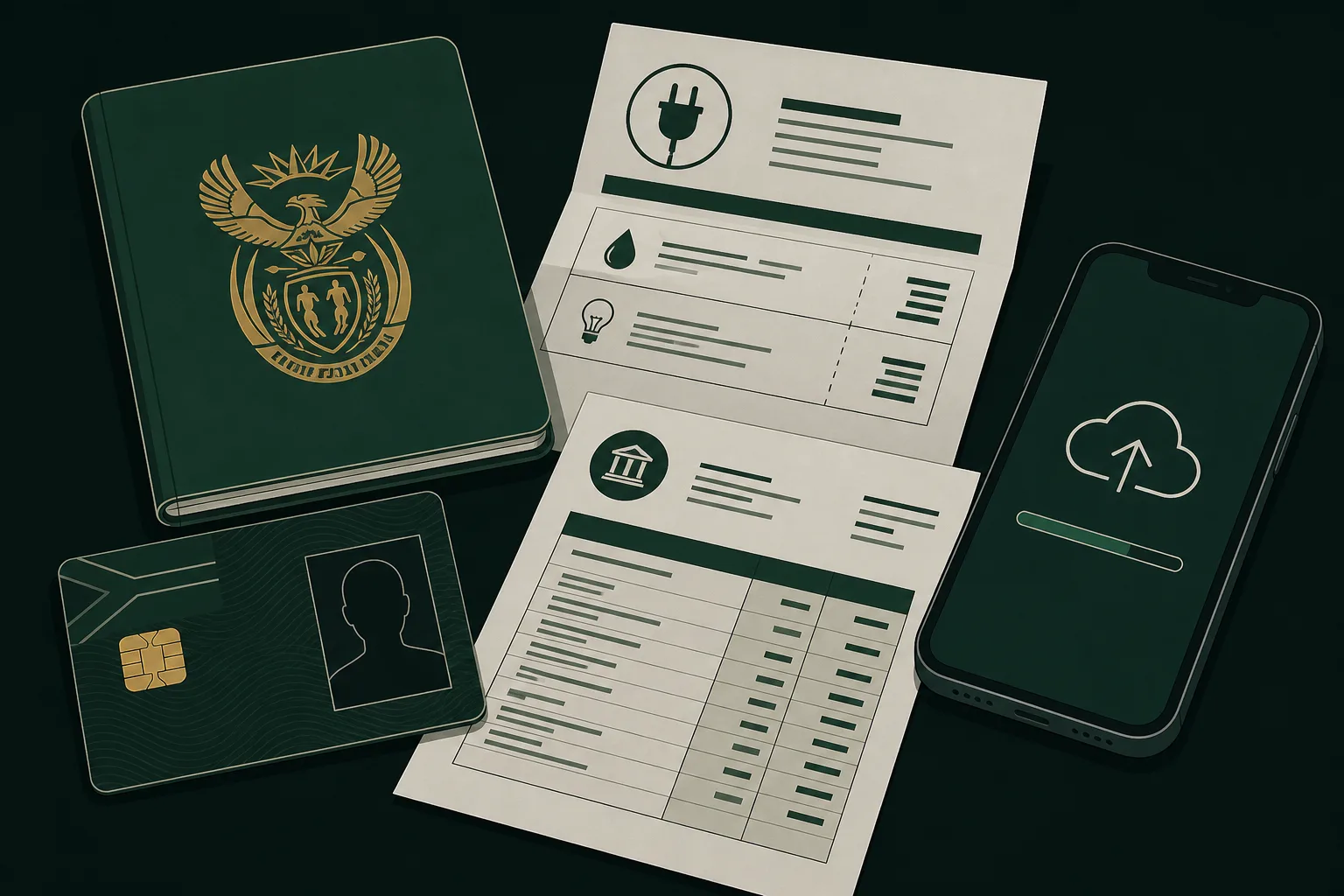 An illustration of a green South African ID book, an ID smart card, a utility bill and a bank statement laid out beside a phone showing an upload screen