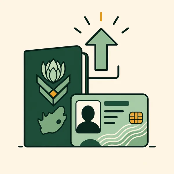 An illustration of a green South African ID book and smart card with an upload arrow above them